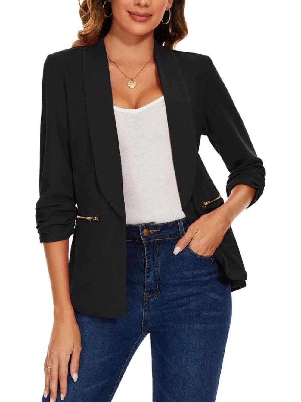 Chic Women's Casual Blazer with 3/4 Ruched Sleeves - Stylish Open Front Work